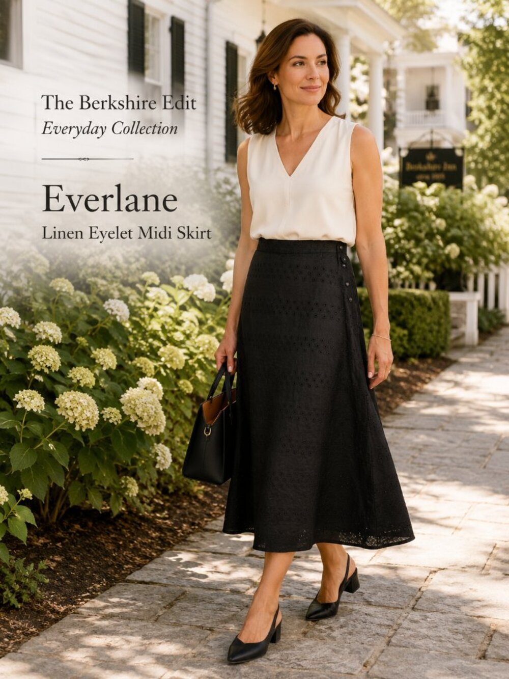 Everlane Linen Eyelet Midi Skirt Size 10 Black A-Line Side Button Lined